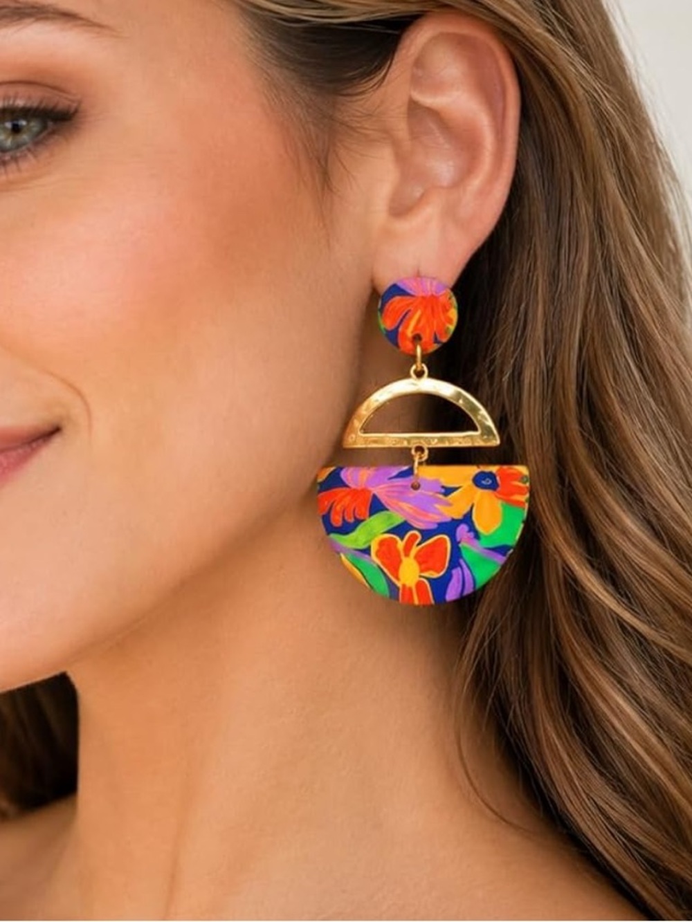 Multicolor Floral Gold-Accent Drop Earrings